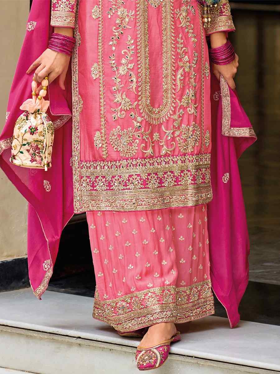 Baby Pink Heavy Chinon Embroidered Festival Wedding Palazzo Pant Salwar Kameez