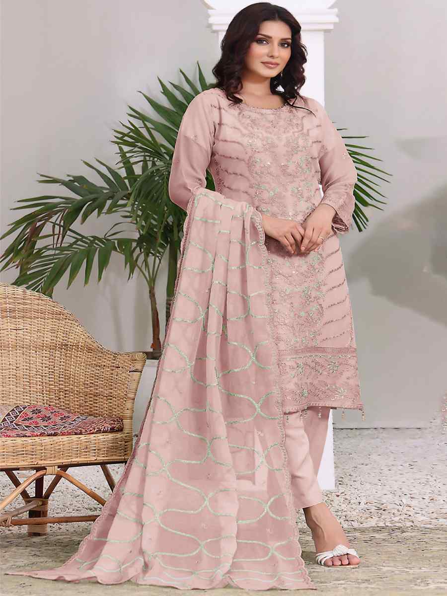 Baby Pink Heavy Faux Georgette Embroidered Festival Mehendi Pant Salwar Kameez