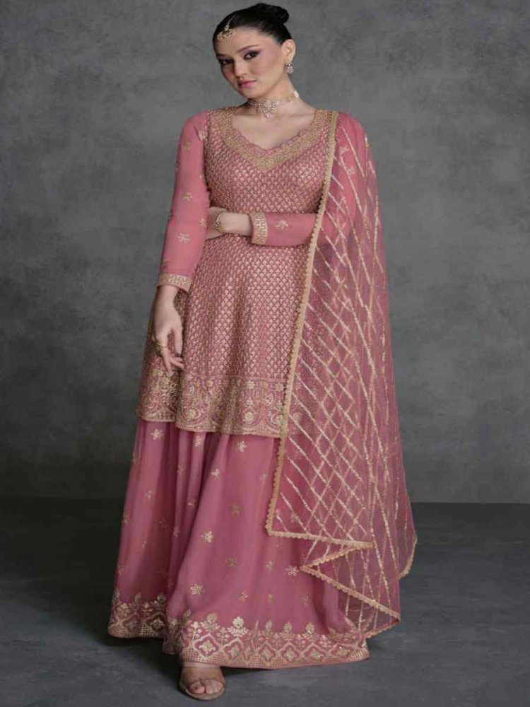 Baby Pink Heavy Real Georgette Embroidered Festival Wedding Pant Salwar Kameez