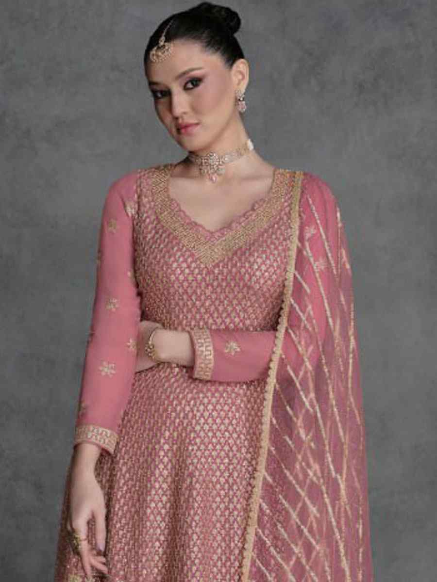 Baby Pink Heavy Real Georgette Embroidered Festival Wedding Pant Salwar Kameez