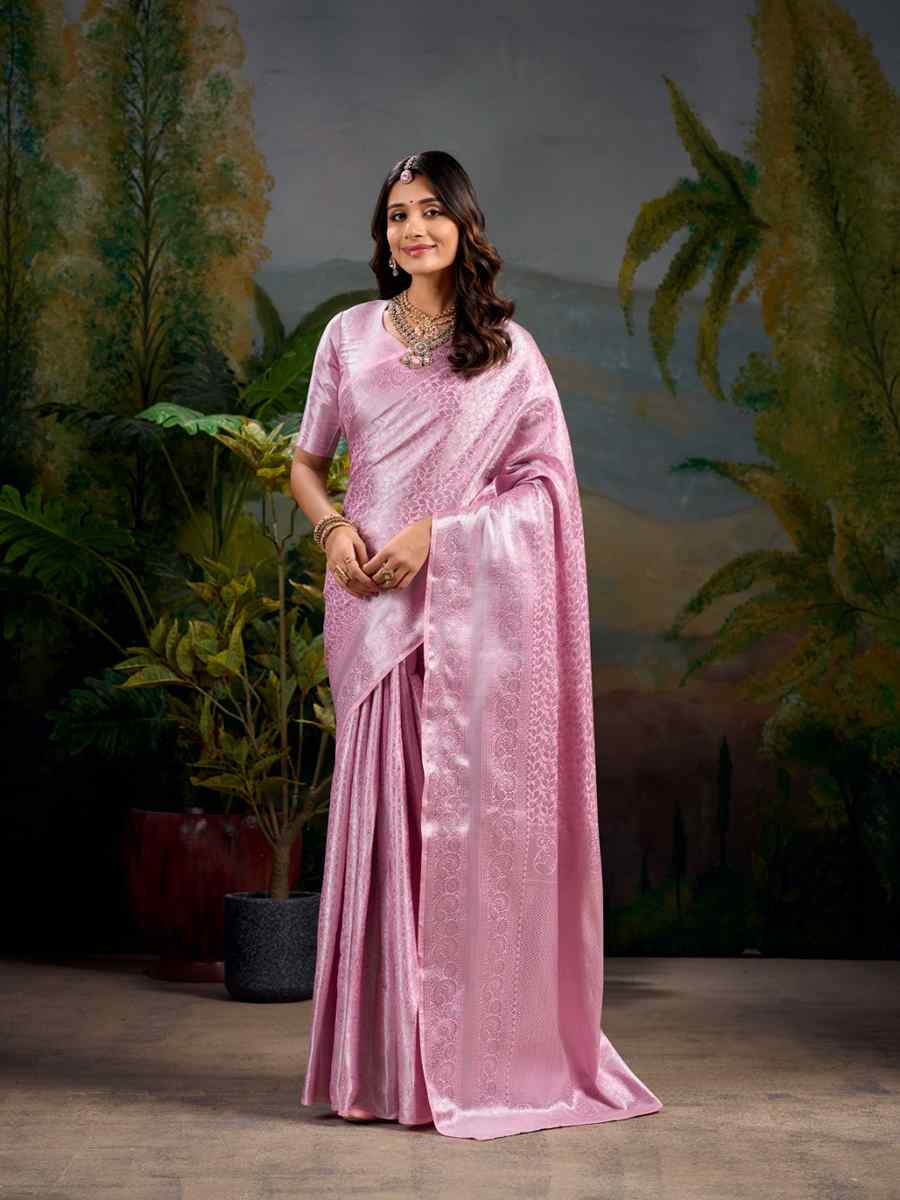 Baby Pink Kanjivaram Handwoven Festival Wedding Heavy Border Saree