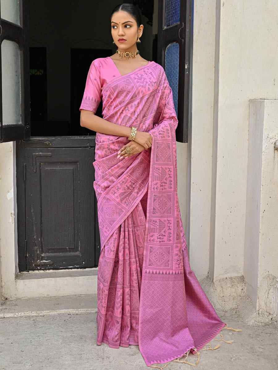 Baby Pink Kanjivaram Silk Handwoven Festival Casual Heavy Border Saree