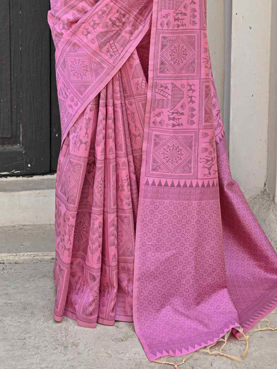 Baby Pink Kanjivaram Silk Handwoven Festival Casual Heavy Border Saree