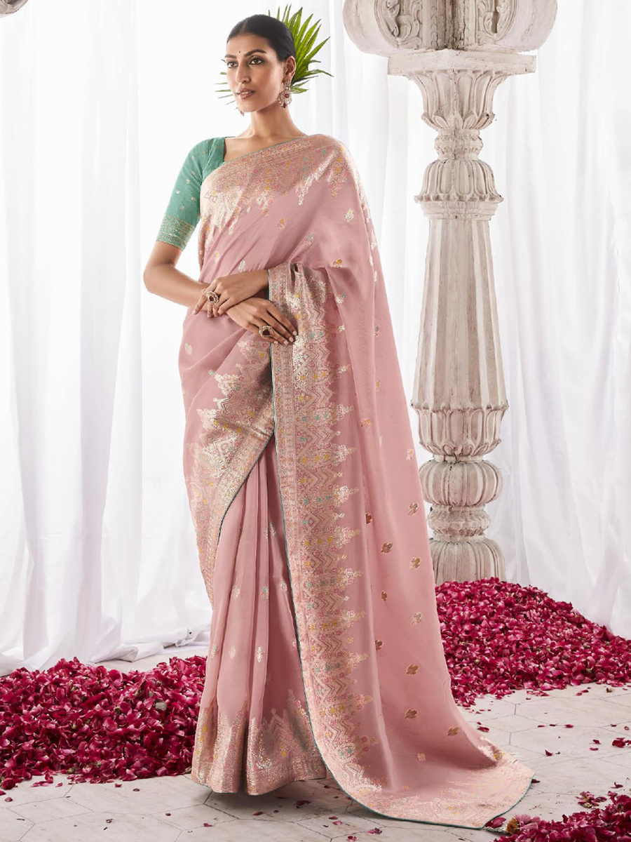 Baby Pink Kora Silk Handwoven Festival Wedding Heavy Border Saree