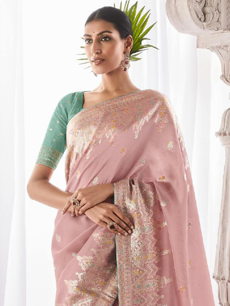 Baby Pink Kora Silk Handwoven Festival Wedding Heavy Border Saree