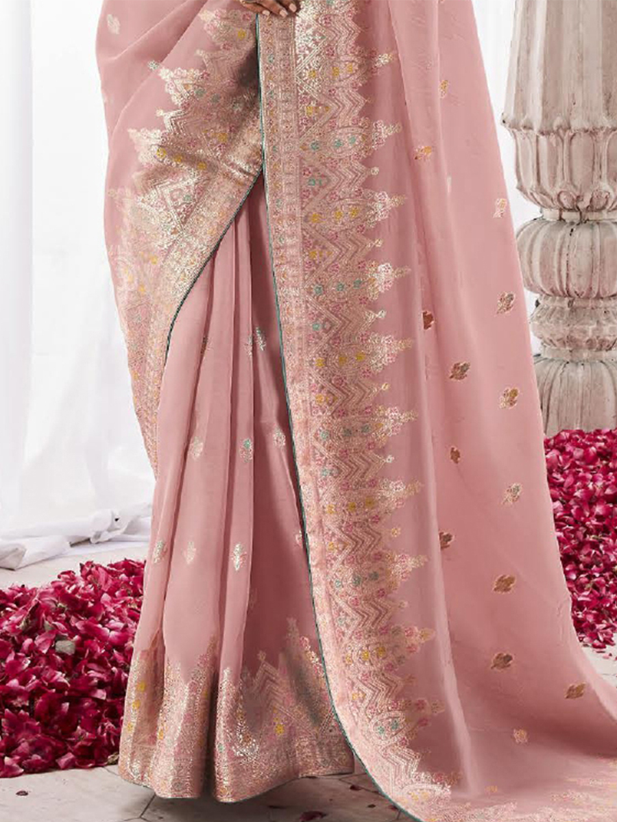 Baby Pink Kora Silk Handwoven Festival Wedding Heavy Border Saree