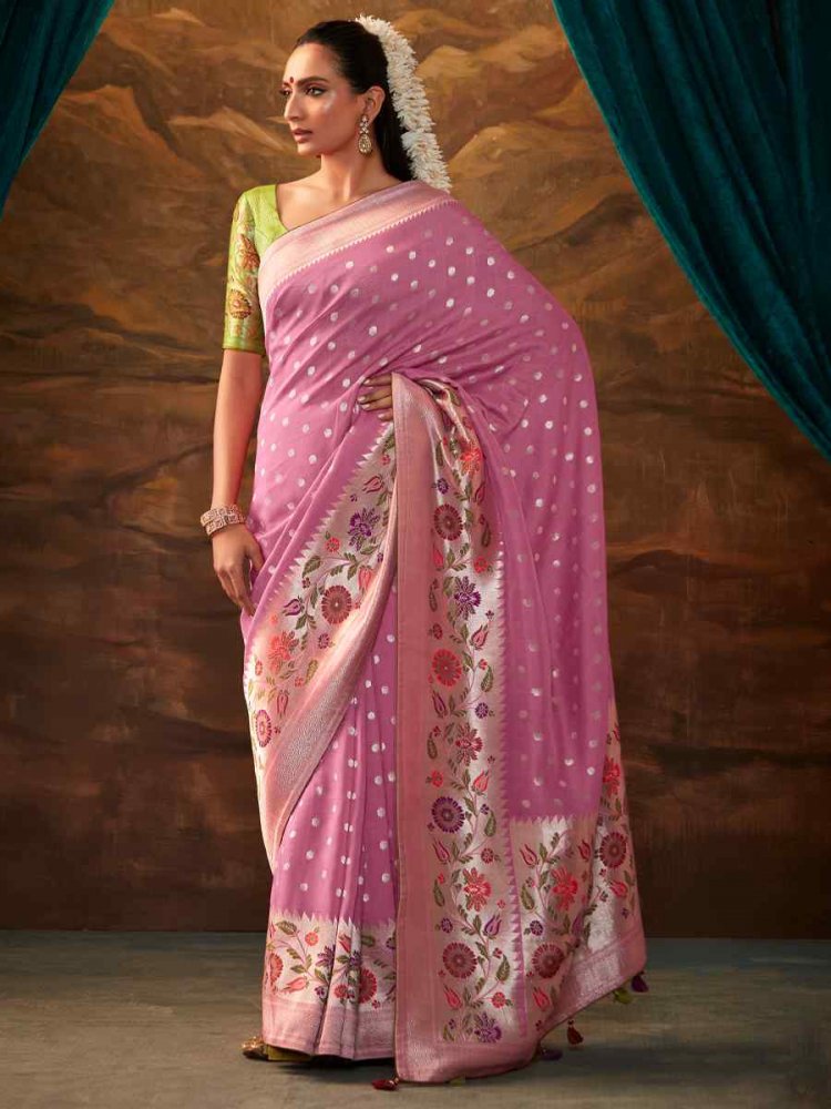 Baby Pink Munga Silk Handwoven Wedding Festival Heavy Border Saree