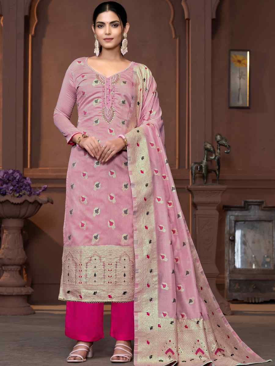 Baby Pink Musline Banarasi Cotton Embroidered Casual Festival Pant Salwar Kameez