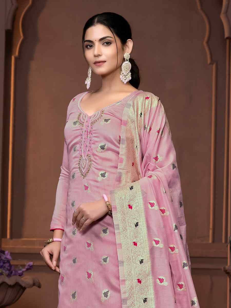 Baby Pink Musline Banarasi Cotton Embroidered Casual Festival Pant Salwar Kameez