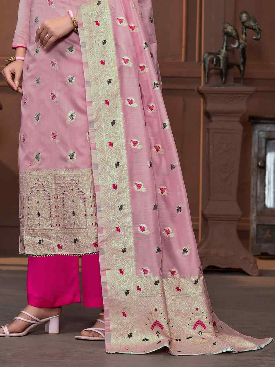 Baby Pink Musline Banarasi Cotton Embroidered Casual Festival Pant Salwar Kameez