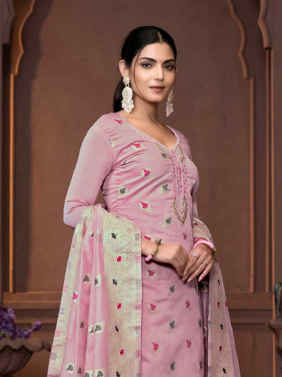 Baby Pink Musline Banarasi Cotton Embroidered Casual Festival Pant Salwar Kameez