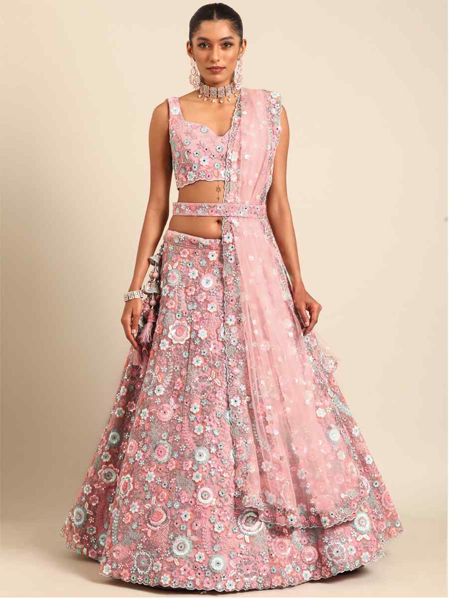 Baby Pink Net Embroidered Bridesmaid Wedding Heavy Border Lehenga Choli