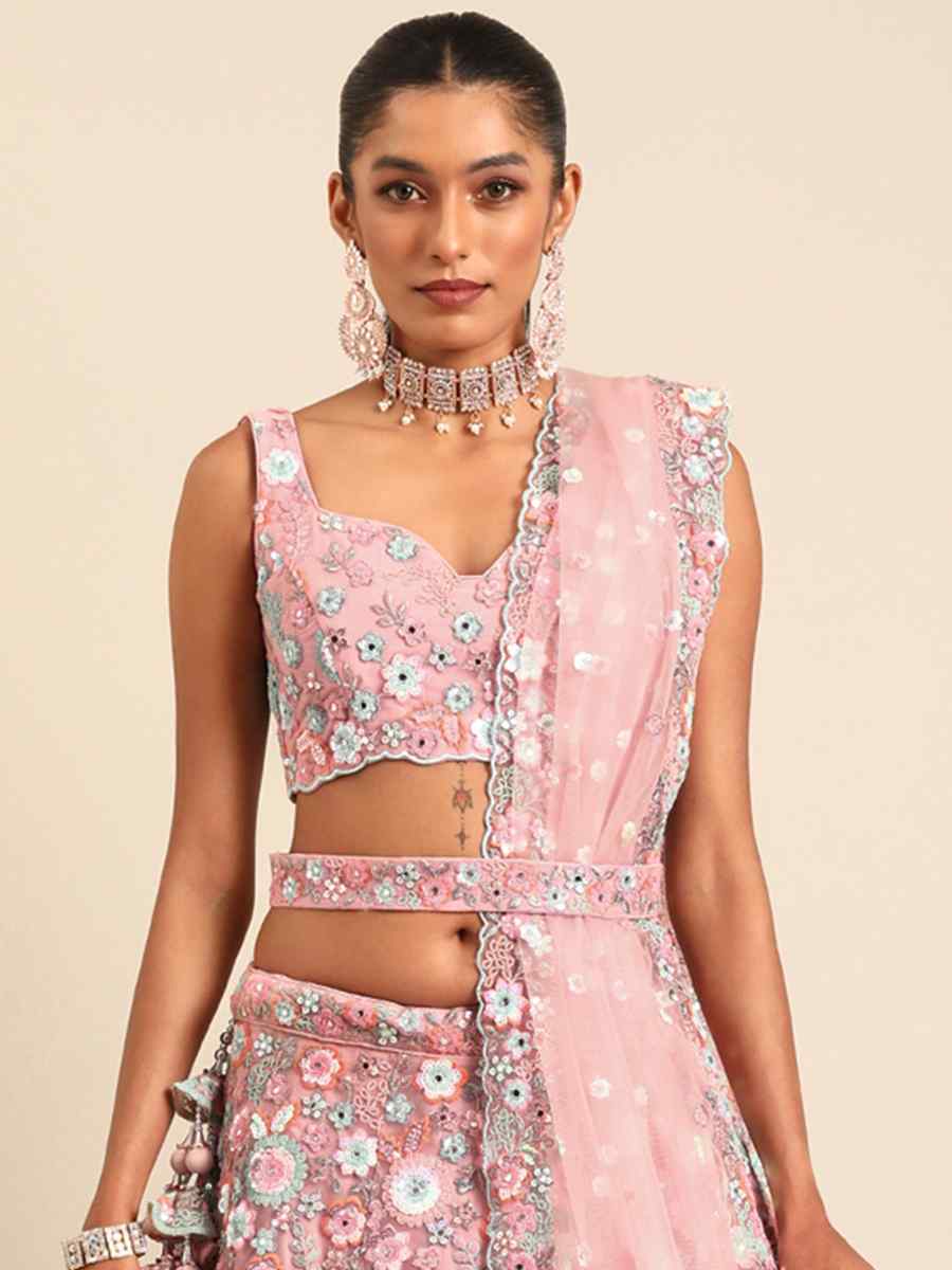 Baby Pink Net Embroidered Bridesmaid Wedding Heavy Border Lehenga Choli