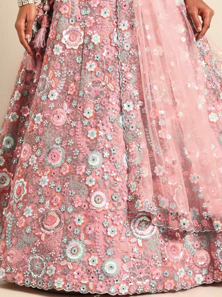 Baby Pink Net Embroidered Bridesmaid Wedding Heavy Border Lehenga Choli