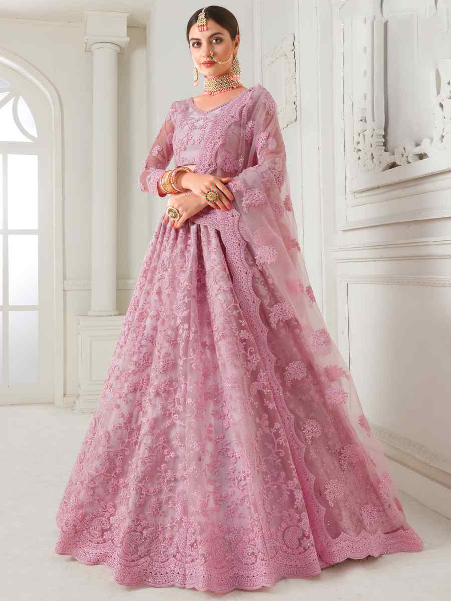 Baby Pink Net Silk Embroidered Bridal Wedding Heavy Border Lehenga Choli