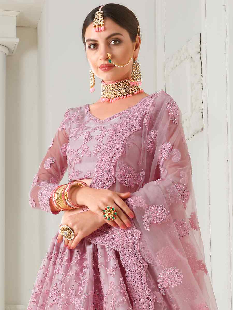 Baby Pink Net Silk Embroidered Bridal Wedding Heavy Border Lehenga Choli