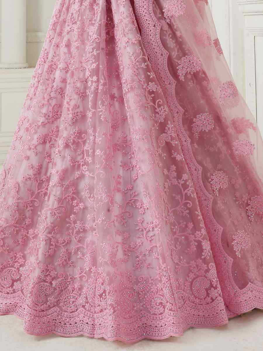 Baby Pink Net Silk Embroidered Bridal Wedding Heavy Border Lehenga Choli