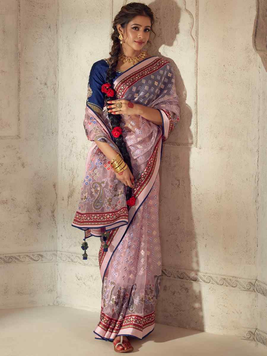 Baby Pink Organza Brasso Embroidered Festival Wedding Heavy Border Saree