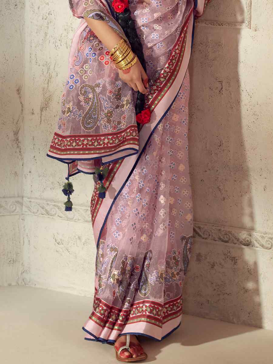 Baby Pink Organza Brasso Embroidered Festival Wedding Heavy Border Saree