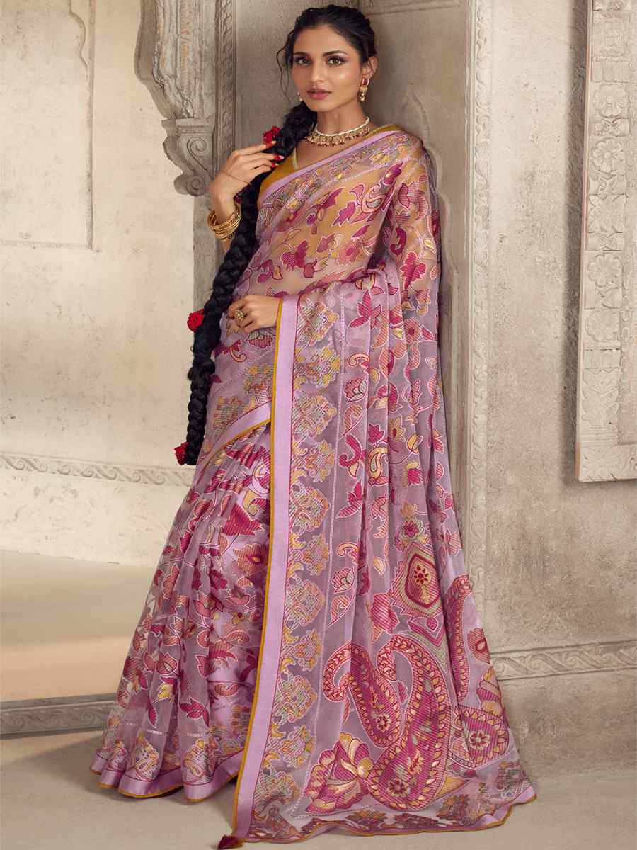 Baby Pink Organza Brasso Embroidered Festival Wedding Heavy Border Saree