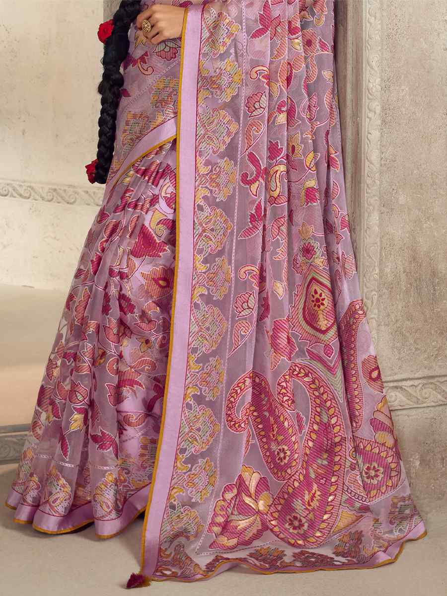 Baby Pink Organza Brasso Embroidered Festival Wedding Heavy Border Saree