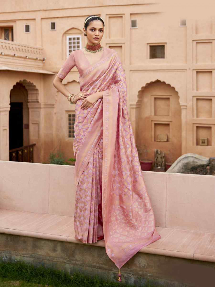 Baby Pink Poly Viscose Silk Banarasi Silk Handwoven Festival Casual Heavy Border Saree