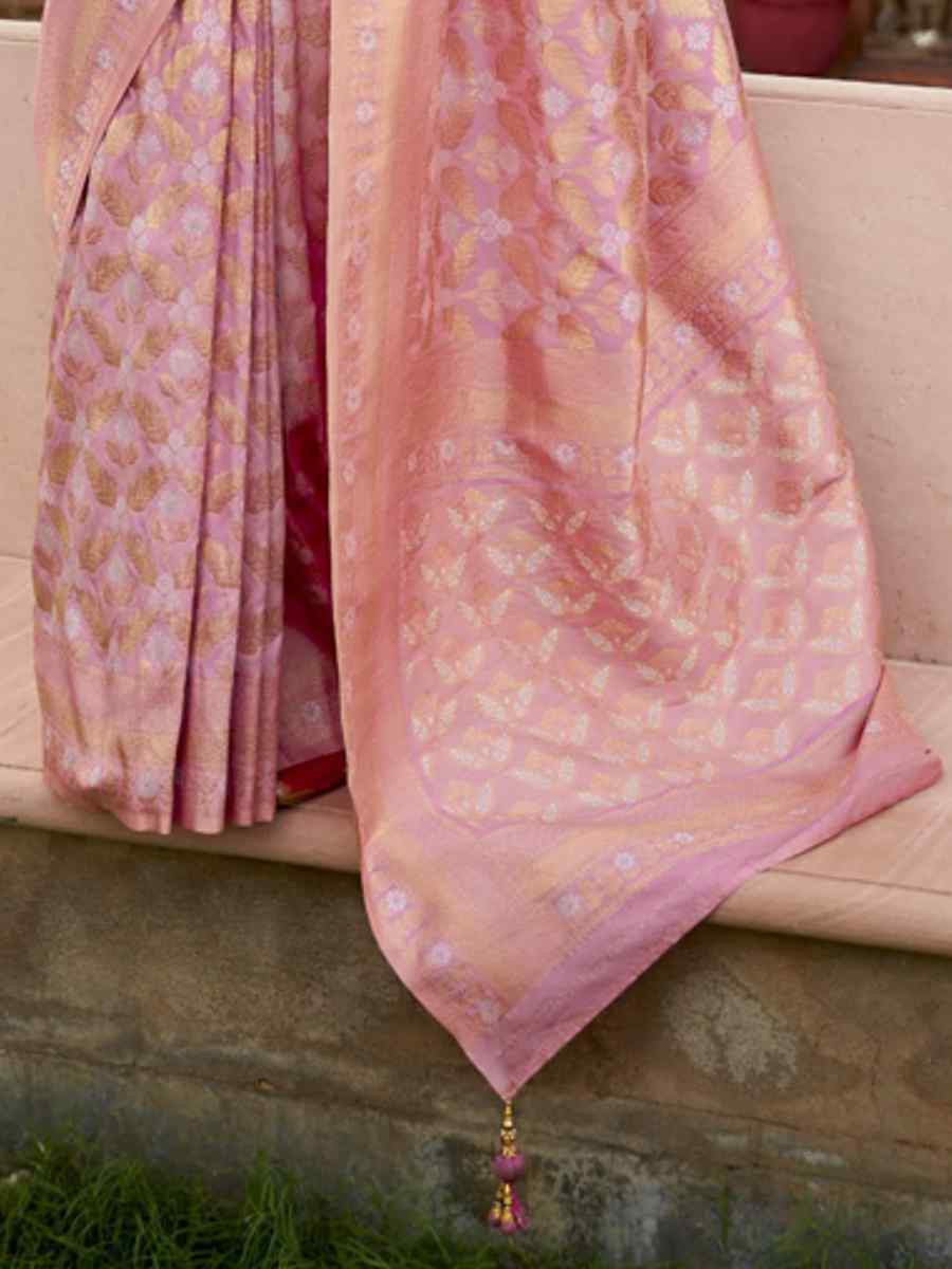 Baby Pink Poly Viscose Silk Banarasi Silk Handwoven Festival Casual Heavy Border Saree