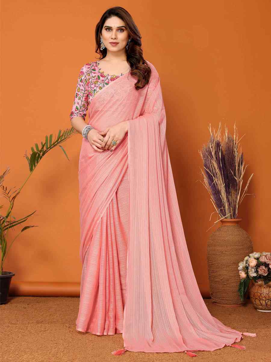 Baby Pink Polyester Silk Handwoven Festival Casual Classic Style Saree