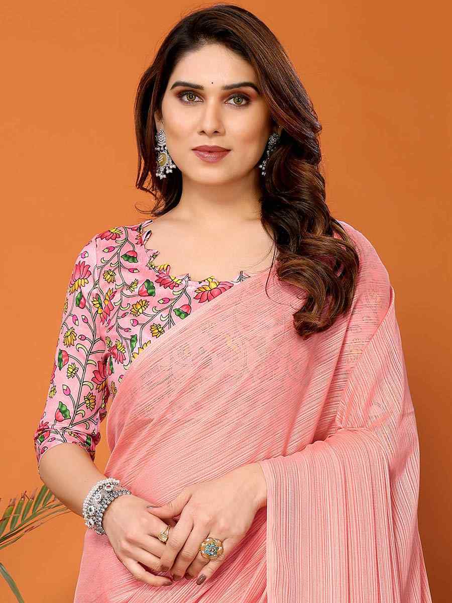 Baby Pink Polyester Silk Handwoven Festival Casual Classic Style Saree