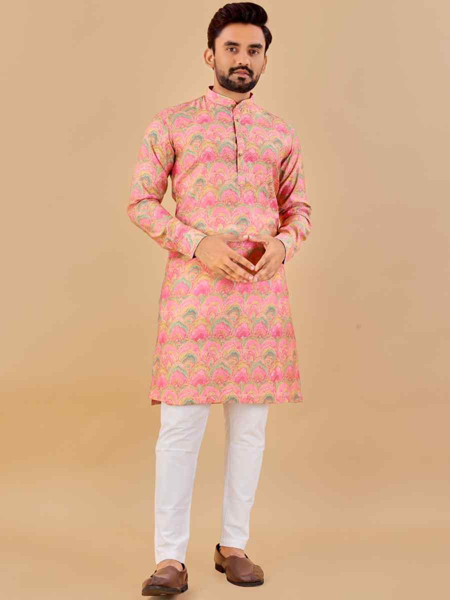 Baby Pink Premium Soft Cotton Printed Festival Casual Kurta