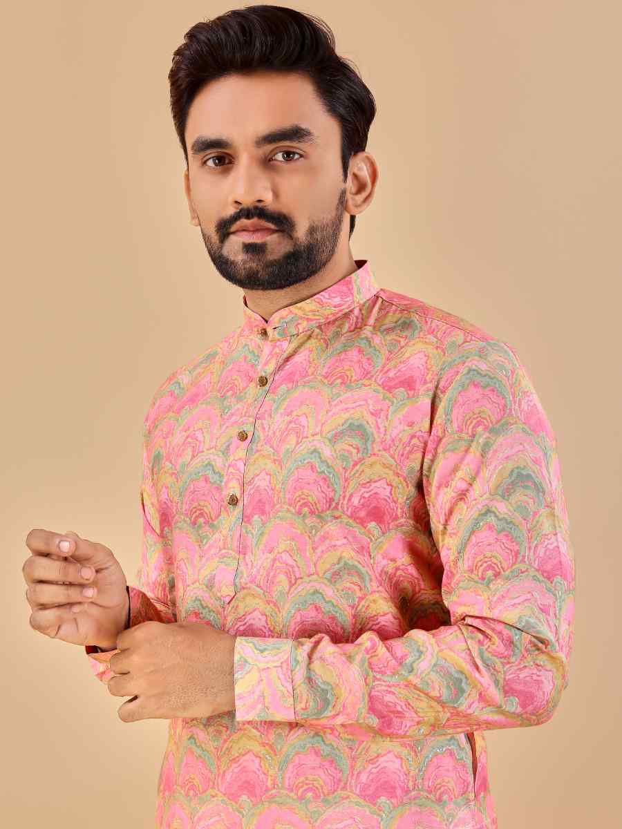 Baby Pink Premium Soft Cotton Printed Festival Casual Kurta