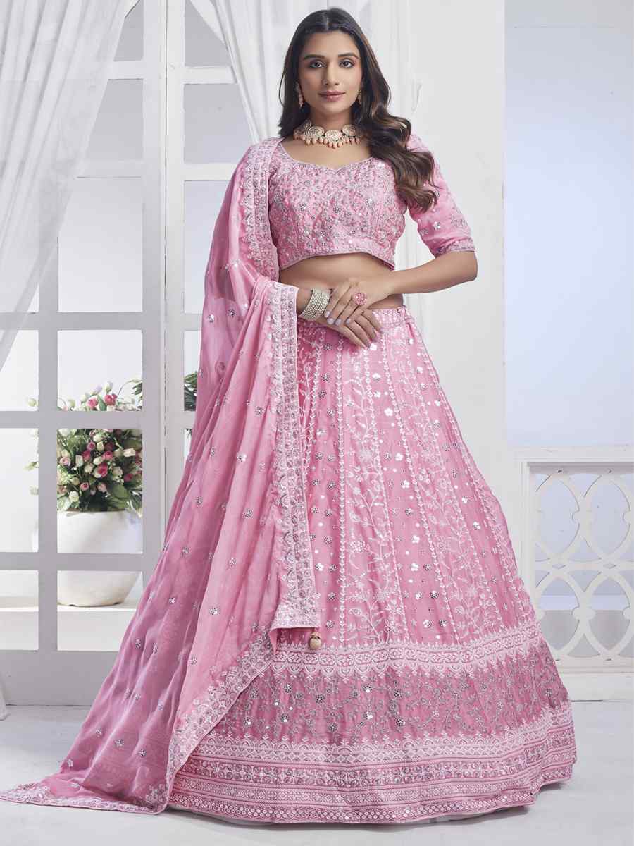 Baby Pink Pure Chiffon Embroidered Bridesmaid Wedding Heavy Border Lehenga Choli