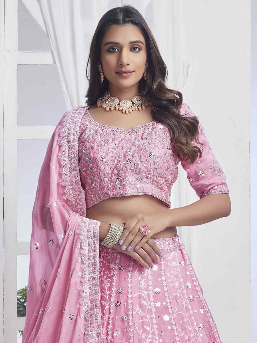 Baby Pink Pure Chiffon Embroidered Bridesmaid Wedding Heavy Border Lehenga Choli