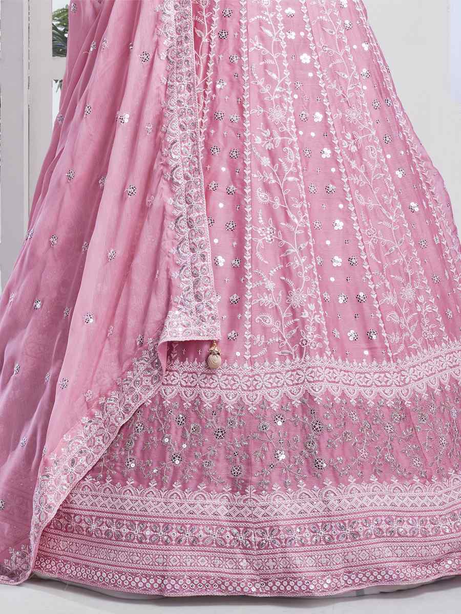 Baby Pink Pure Chiffon Embroidered Bridesmaid Wedding Heavy Border Lehenga Choli