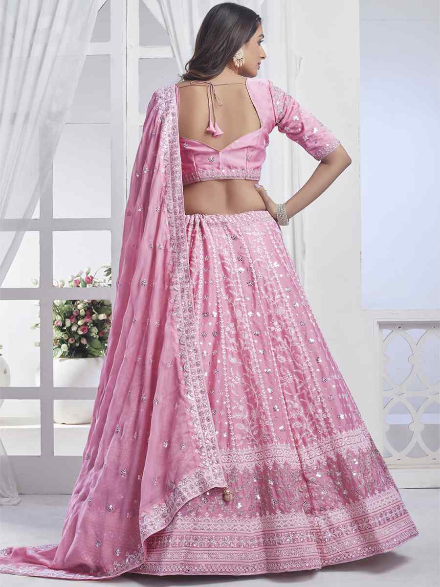 Baby Pink Pure Chiffon Embroidered Bridesmaid Wedding Heavy Border Lehenga Choli