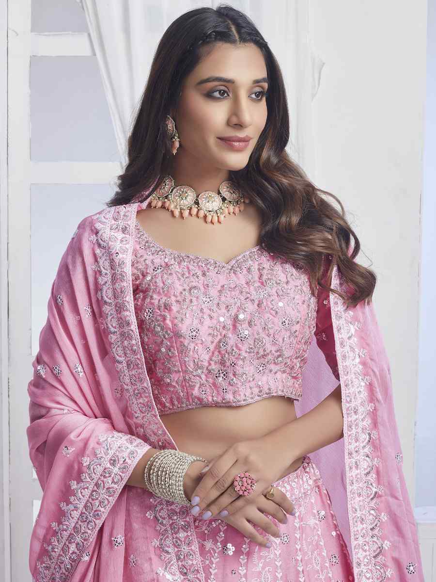 Baby Pink Pure Chiffon Embroidered Bridesmaid Wedding Heavy Border Lehenga Choli