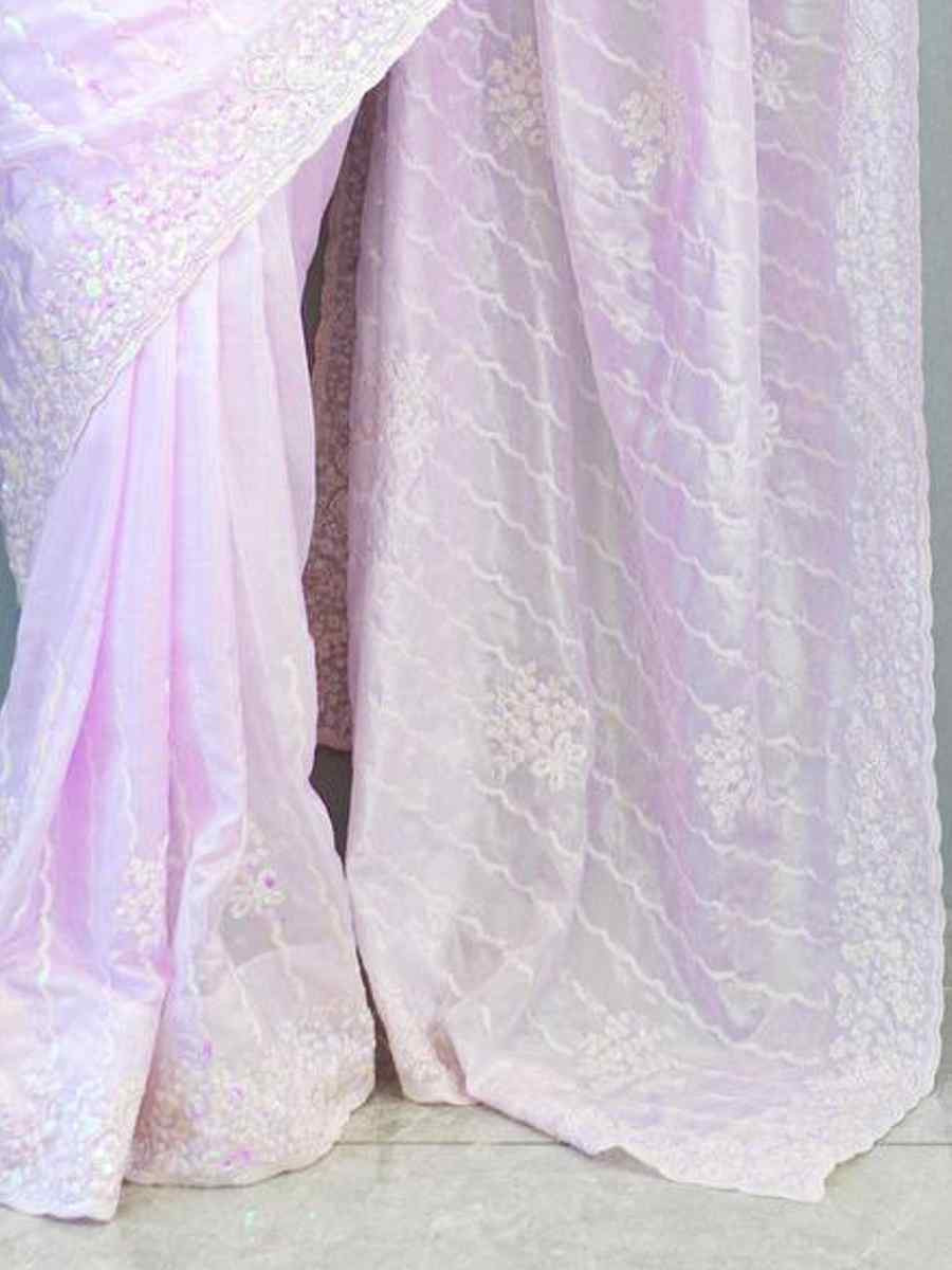 Baby Pink Pure Chinon Silk Handwoven Festival Wedding Heavy Border Saree