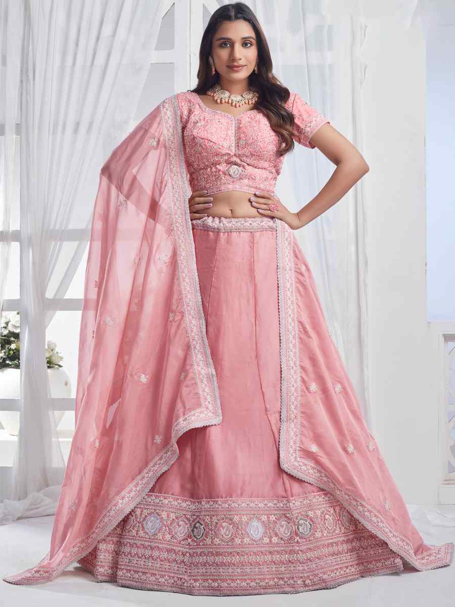 Baby Pink Pure Organza Embroidered Bridesmaid Wedding Heavy Border Lehenga Choli