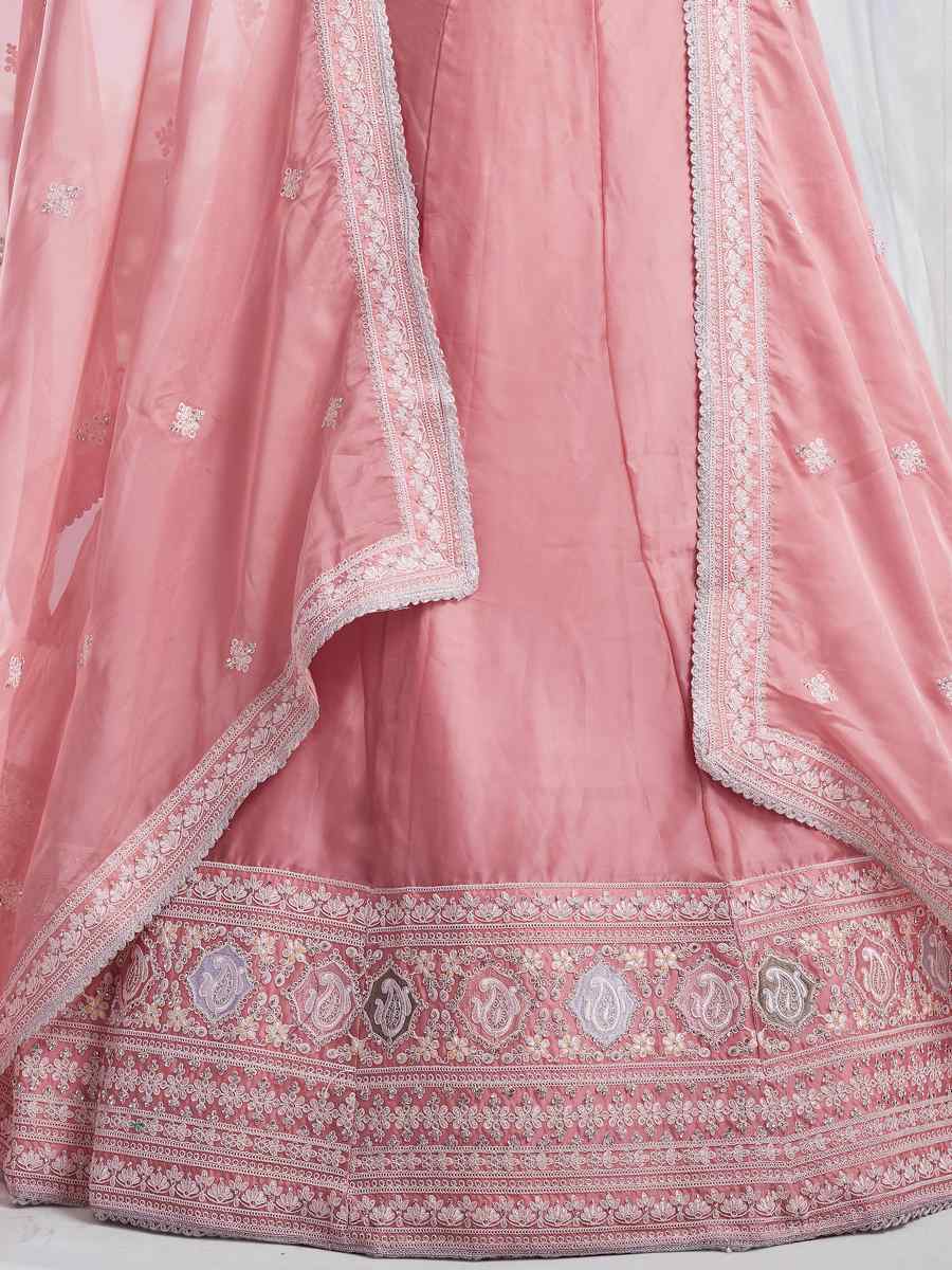 Baby Pink Pure Organza Embroidered Bridesmaid Wedding Heavy Border Lehenga Choli