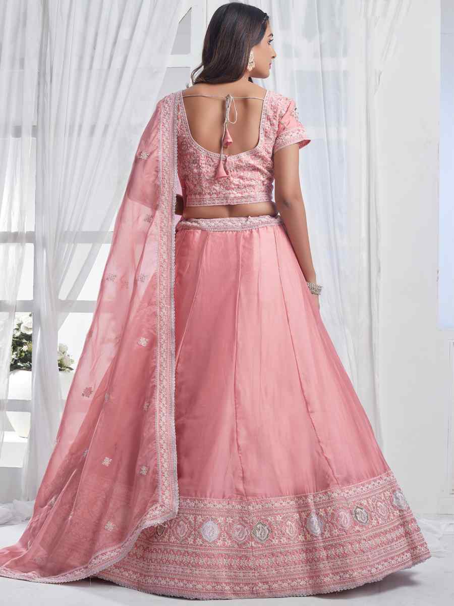 Baby Pink Pure Organza Embroidered Bridesmaid Wedding Heavy Border Lehenga Choli