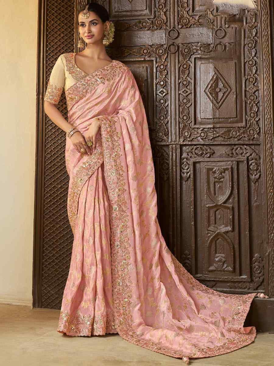 Baby Pink Pure Tissue Silk Embroidered Festival Wedding Heavy Border Saree