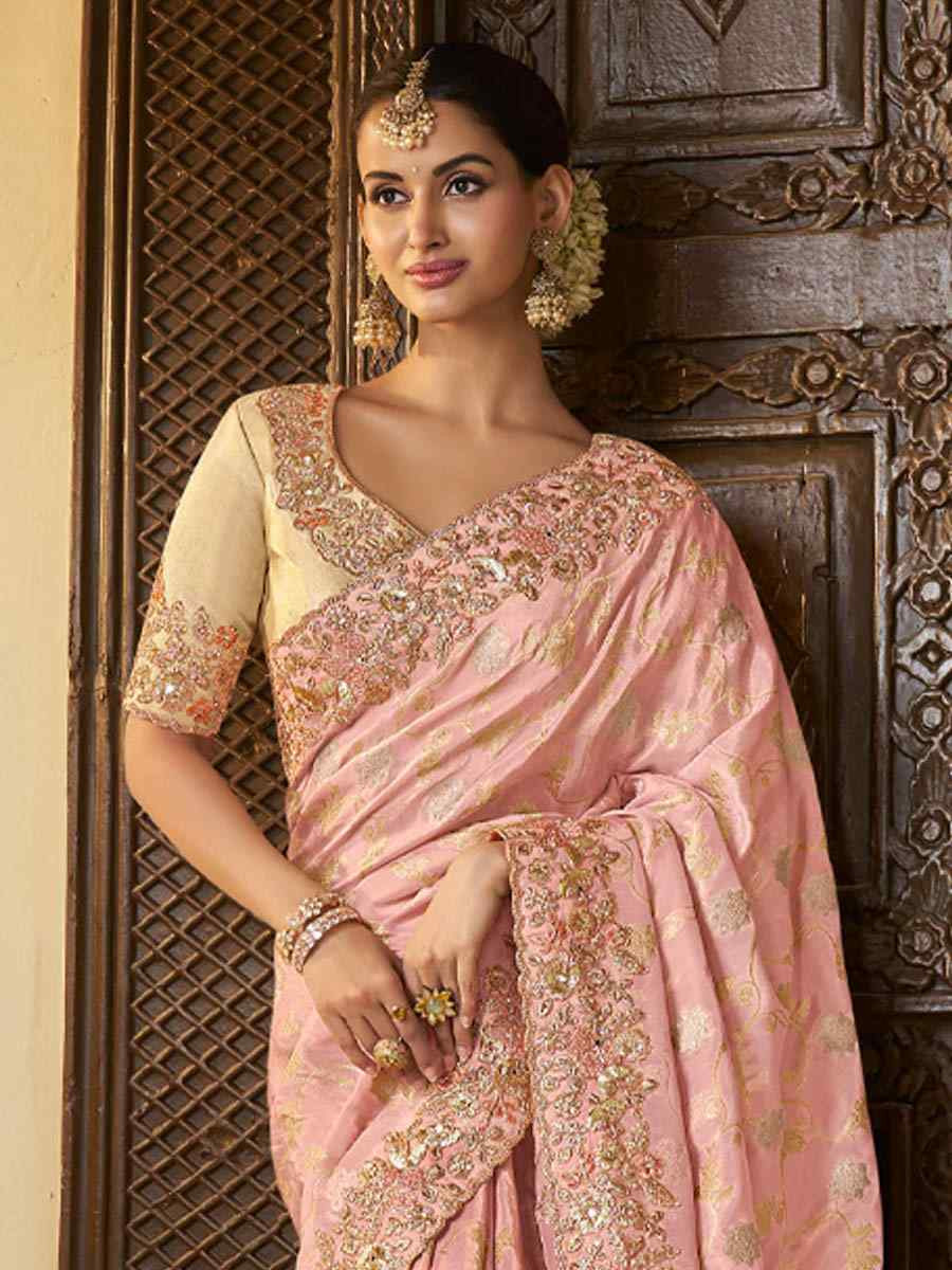 Baby Pink Pure Tissue Silk Embroidered Festival Wedding Heavy Border Saree