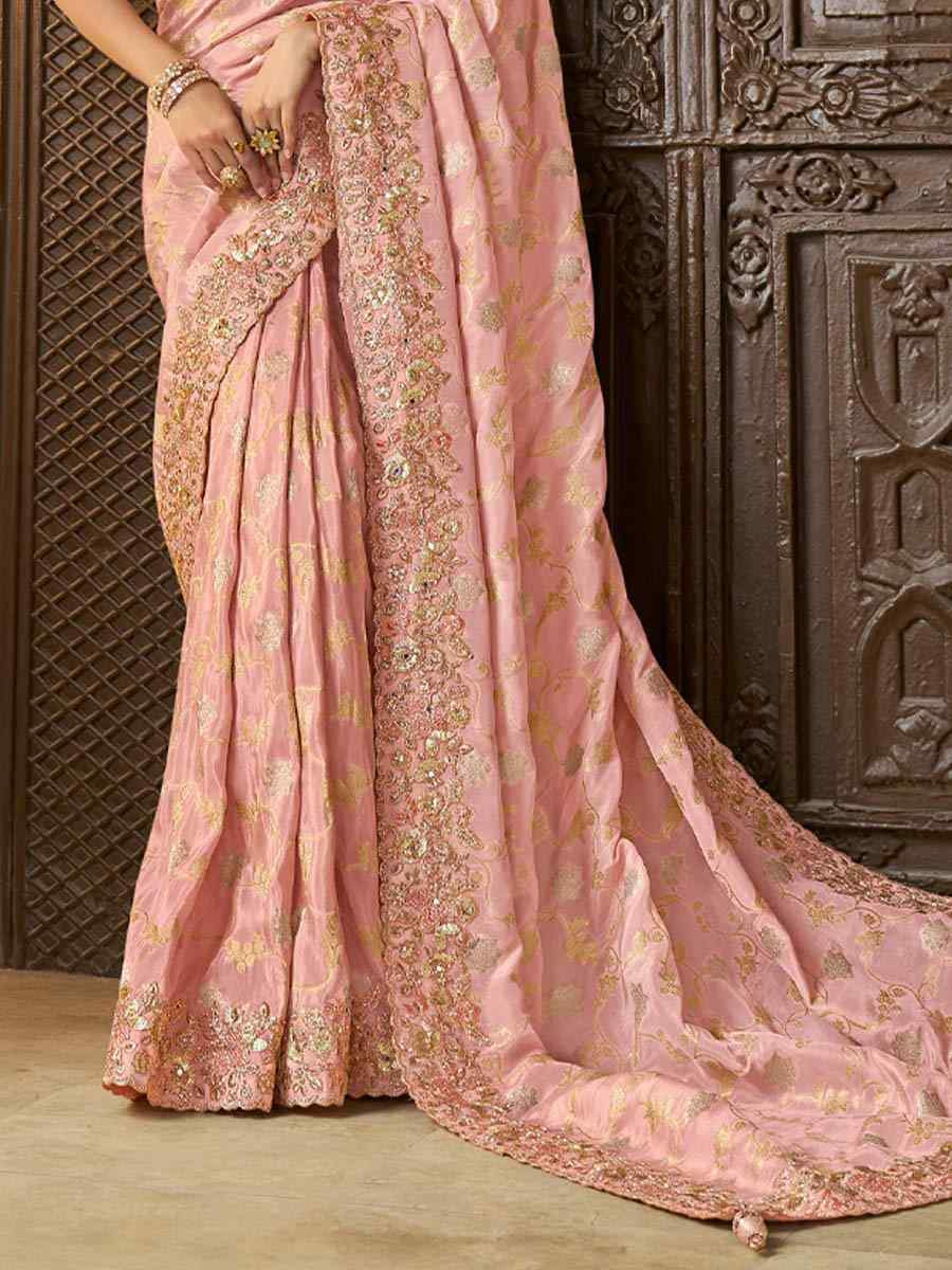 Baby Pink Pure Tissue Silk Embroidered Festival Wedding Heavy Border Saree