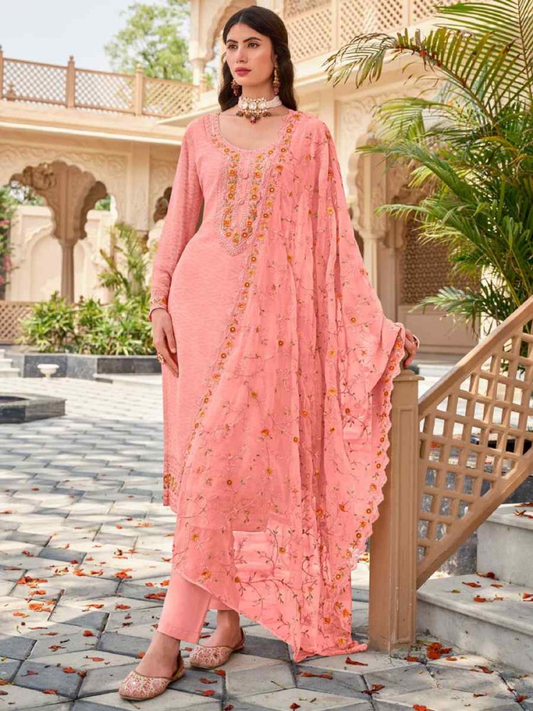 Baby Pink Real Georgette Embroidered Festival Casual Pant Salwar Kameez