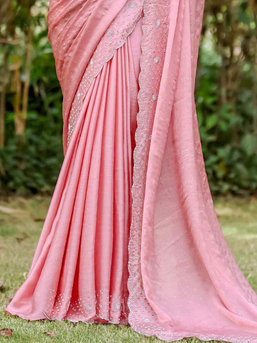 Baby Pink Satin Chiffon Embroidered Festival Party Heavy Border Saree