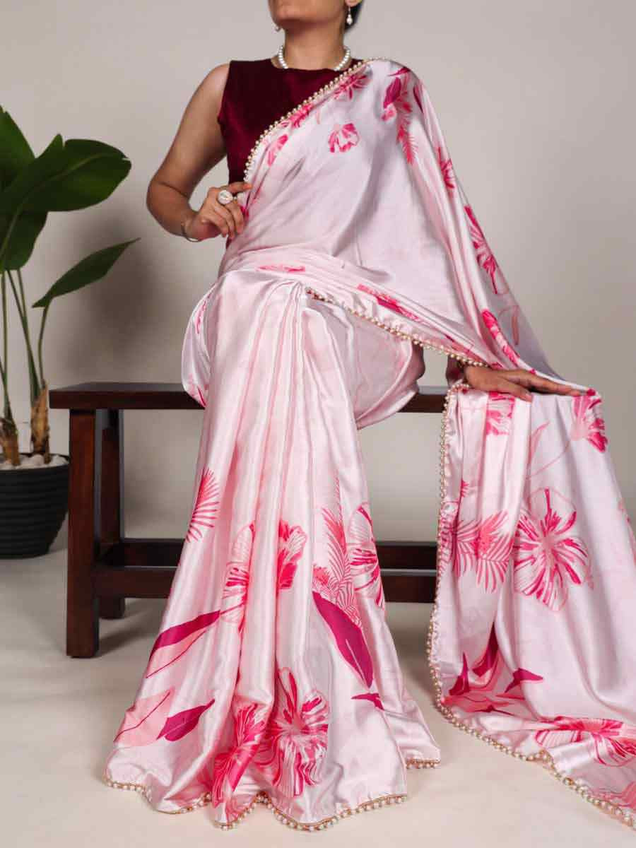 Baby Pink Satin Silk Printed Festival Casual Contemporary Saree