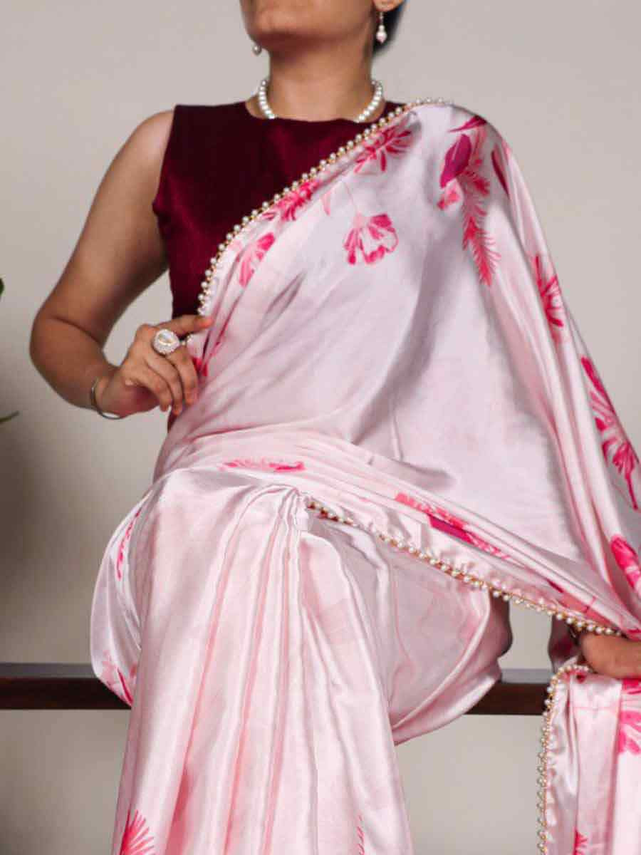 Baby Pink Satin Silk Printed Festival Casual Contemporary Saree