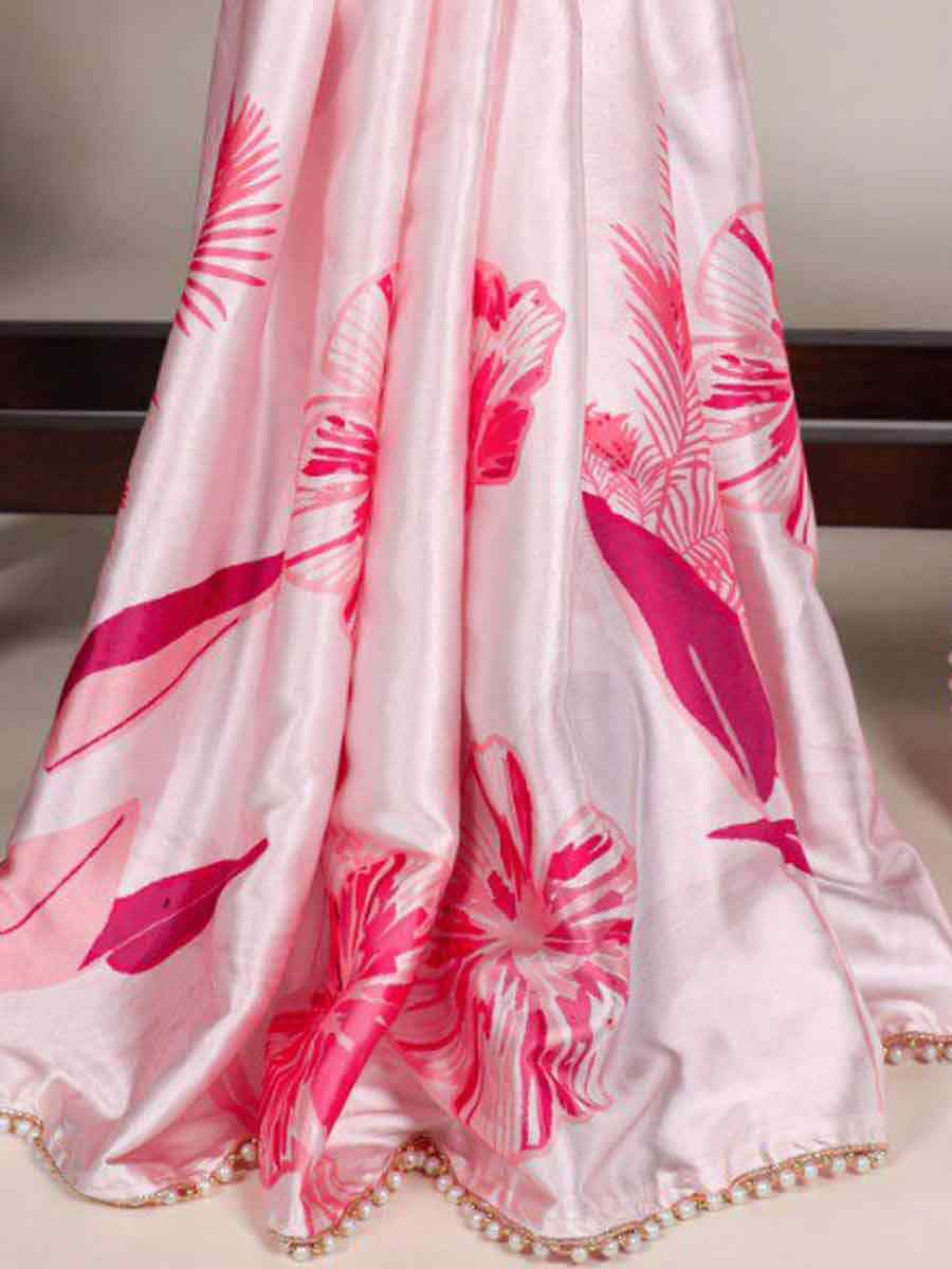 Baby Pink Satin Silk Printed Festival Casual Contemporary Saree