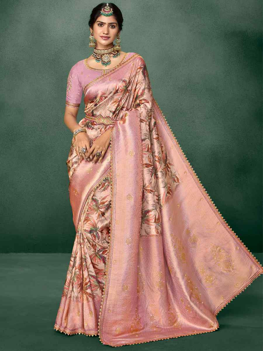 Baby Pink Silk Embroidered Reception Party Heavy Border Saree