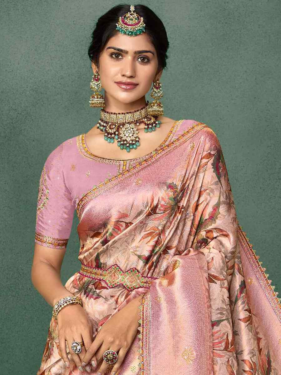 Baby Pink Silk Embroidered Reception Party Heavy Border Saree